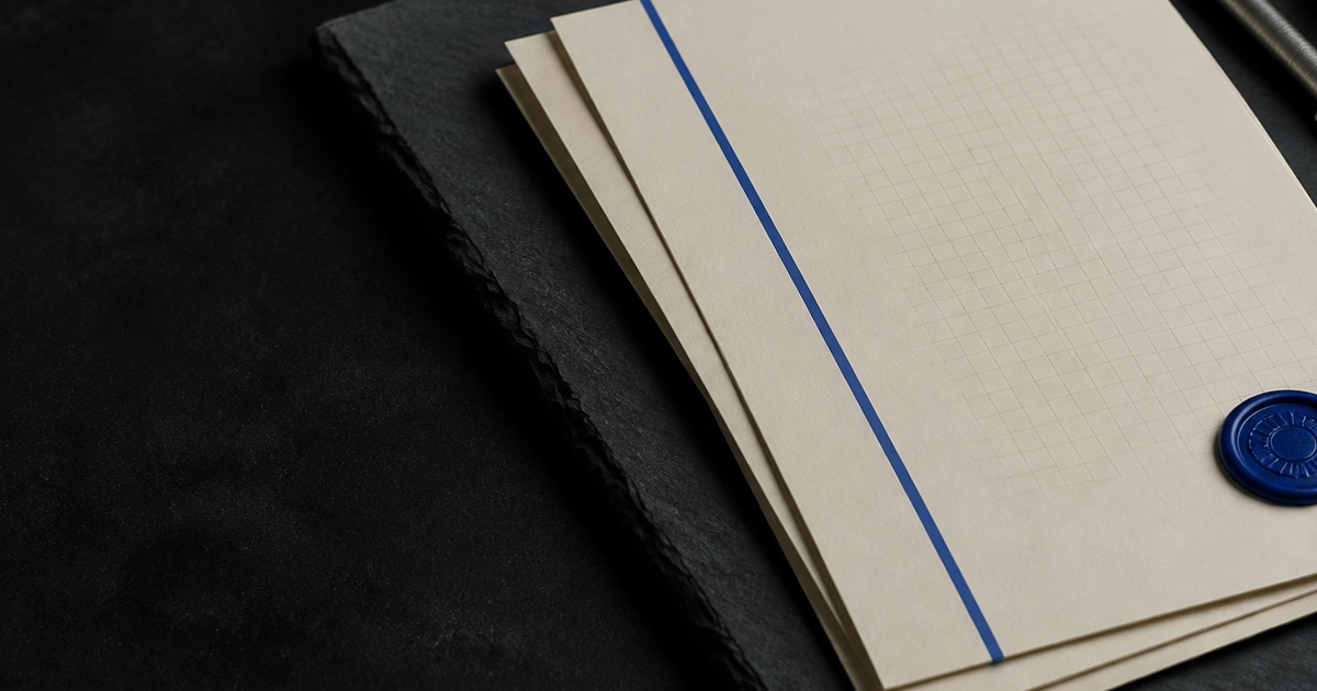 A job-offer dossier on dark slate with a cobalt accent stripe